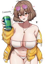 1girl :d absurdres ahoge anis_(nikke) anis_(sparkling_summer)_(nikke) bare_shoulders bikini blush breasts brown_eyes brown_hair can cleavage collarbone english_text eyepatch_bikini eyewear_on_head goddess_of_victory:_nikke hand_on_own_thigh heart highres holding holding_can jacket jewelry large_breasts necklace off-shoulder_jacket off_shoulder official_alternate_costume open_mouth pink-tinted_eyewear short_hair side-tie_bikini_bottom signature simple_background smile solo string_bikini sunglasses sweat swimsuit tinted_eyewear white_background white_bikini yellow_jacket yukaraishin