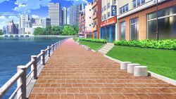 blue_sky brick_floor brick_road building bush cityscape cloud cloudy_sky day english_text highres lake no_humans non-web_source official_art our_life:_beginnings_and_always outdoors railing reflection reflective_water scenery sign sky skyscraper stairs water