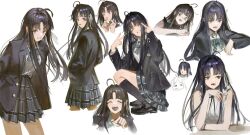 Rule 34 | 1girl, :p, :q, ahoge, awa subaru, black hair, black jacket, black shoes, black skirt, black socks, blazer, blue bow, blue bowtie, bow, bowtie, closed eyes, collared shirt, commentary request, cowboy shot, cropped legs, cropped shoulders, diagonal-striped bow, diagonal-striped bowtie, diagonal-striped clothes, double v, facing viewer, finger heart, floating hair, girls band cry, grin, heart, highres, jacket, kneehighs, loafers, long hair, long sleeves, looking at viewer, lunifish, multiple views, one eye closed, open clothes, open jacket, open mouth, plaid clothes, plaid skirt, pleated skirt, pointing, pointing at viewer, purple eyes, school uniform, shirt, shoes, sitting, skirt, sleeveless, sleeveless shirt, smile, socks, squatting, standing, striped clothes, tongue, tongue out, v, very long hair, white background, white shirt