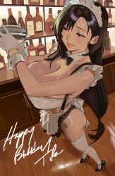 1girl alcohol alternate_costume apron asymmetrical_bangs bar_(place) black_bow black_bowtie black_hair black_shoes bottle bow bowtie breasts cleavage closed_mouth cocktail_shaker commentary detached_collar enmaided final_fantasy final_fantasy_vii final_fantasy_vii_remake garter_belt gloves happy_birthday high_heels highres hintobento huge_breasts indoors large_breasts long_hair low-tied_long_hair maid maid_apron maid_headdress red_eyes shoes smile solo sweat thighhighs tifa_lockhart very_long_hair white_gloves white_thighhighs
