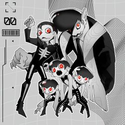 5boys arm_up barcode battering_lento black_bow black_bowtie black_hair black_necktie black_pants black_suit bow bowtie closed_mouth collared_shirt dress_shirt fang fins formal_clothes full_body gloves glowing glowing_eyes grey_background grid_background hair_slicked_back head_fins highres jelleton long_sleeves looking_at_viewer male_focus marching_andante multiple_boys necktie nintendo open_mouth ore_is_xtai outline pants personification pompadour red_eyes shirt short_hair skeleton_print skin_fang splatoon_(series) splatoon_3 splatoon_3:_side_order spot_color standing stole straight_hair suit suspenders swarming_languendo wavy_mouth white_gloves white_outline white_shirt