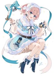 1girl :d bell belt belt_buckle blue_boots blue_bow blue_capelet blue_eyes blue_hairband blue_nails blue_skirt boots bow brown_belt brown_shoes buckle candle capelet commentary_request fire full_body fur-trimmed_boots fur-trimmed_capelet fur-trimmed_hairband fur-trimmed_skirt fur_trim hairband handbell high_heel_boots high_heels highres holding holding_bell lantern long_sleeves looking_at_viewer nail_polish open_mouth original pink_hair puffy_long_sleeves puffy_sleeves ribbon-trimmed_sleeves ribbon_trim rino_cnc shoes simple_background skirt sleeves_past_wrists smile solo sparkle twitter_username white_background