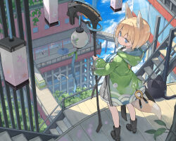 1girl :/ above_clouds animal_ear_fluff animal_ears architecture bench black_boots blonde_hair blue_eyes blue_sky blush boots bridge building bus closed_mouth cloud creature day dot_nose double-parted_bangs east_asian_architecture expressionless extra_ears fence floating_city fox_ears fox_girl fox_tail from_above from_behind full_body green_jacket hair_between_eyes hanging_lantern highres holding holding_staff hood hood_down hooded_jacket iron_fence jacket kuroino_(poco) lantern long_sleeves looking_at_viewer looking_back motor_vehicle open_clothes open_jacket original paper_lantern parasol people plant poco_(asahi_age) poncho railing railroad_tracks scenery seigaiha shiratama_kitsune short_hair sky solo_focus staff stairs standing tail tree turning_head umbrella vines window wooden_bench