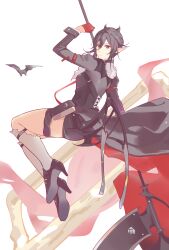Rule 34 | 1girl, absurdres, arknights, black dress, black hair, black shoes, chinese commentary, closed mouth, commentary, dress, entelechia (arknights), floating, gloves, grey socks, hair between eyes, hair horns, half gloves, high heels, highres, holding, holding weapon, kneehighs, kumu feng chun, long sleeves, looking at viewer, mole, mole under eye, pointy ears, red eyes, red gloves, shoe soles, shoes, short hair, socks, solo, turning head, weapon, white background
