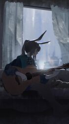 absurdres amiya_(arknights) animal_ears arknights black_jacket blue_collar brown_hair closed_eyes collar curtains dark_room highres hood hooded_jacket infection_monitor_(arknights) instrument jacket jewelry multiple_rings music playing_guitar playing_instrument ponytail rabbit_ears rabbit_girl ring shikyou_yoru window