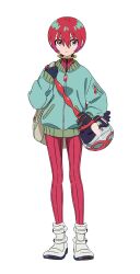 1girl amate_yuzuriha aqua_eyes bag beanie bodysuit boots full_body gundam gundam_gquuuuuux hair_between_eyes haro hat highres jacket mecha_pilot_suit multicolored_bodysuit normal_suit_(gundam) official_art red_hair short_hair solo transparent_background