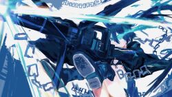 1girl arm_cannon bikini black_bikini black_coat black_rock_shooter black_rock_shooter_(character) black_shorts blue_eyes blue_fire boots chain coat fire firing flaming_eye glowing glowing_eye h10_noe long_hair rock_cannon shoe_soles shorts swimsuit twintails uneven_twintails weapon