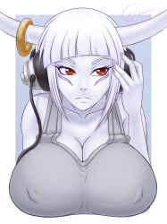 1girl 2016 blunt_bangs breast_rest breasts castle_of_shadows cesium cleavage colored_skin covered_erect_nipples dated demon_girl eyebrows facial_tattoo female_focus headphones horn_ornament horn_ring horns huge_breasts listening_to_music long_hair looking_away parted_lips red_eyes sidelocks signature sisyphus_(castle_of_shadows) solo tank_top tattoo upper_body white_hair white_skin