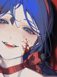 1girl blood blood_on_face blood_splatter blue_eyes blue_hair blush bow bow_choker chinese_commentary choker close-up commentary crazy_mita_(miside) forehead getemeigui075 hairband half-closed_eyes highres looking_at_viewer miside mita_(miside) open_mouth parted_bangs portrait red_background red_choker red_hairband shadow smile solo upper_body