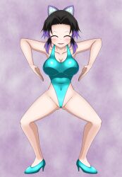 Rule 34 | 1girl, absurdres, aqua leotard, barefoot, black hair, bowlegged pose, butterfly hair ornament, cameltoe, closed eyes, corruption, covered navel, gluteal fold, haigure pose, hair ornament, high heels, highleg, highleg leotard, highres, kimetsu no yaiba, kochou shinobu, latex, latex leotard, leotard, looking at viewer, mind control, multicolored hair, parted bangs, purple hair, sansiki high gle, short hair, solo, v-shaped eyebrows
