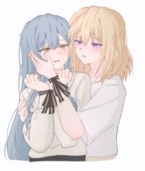 Rule 34 | 2girls, absurdres, bang dream!, bang dream! it&#039;s mygo!!!!!, blonde hair, blue hair, blush, bound, bound wrists, commentary, firman acker, hair down, highres, long hair, long sleeves, medium hair, misumi uika, multiple girls, parted lips, purple eyes, shirt, short sleeves, simple background, togawa sakiko, upper body, white background, white shirt, yellow eyes, yuri