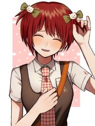 1girl :d arm_up blush bow breast_pocket brown_dress cat_hair_ornament closed_eyes danganronpa_(series) danganronpa_2:_goodbye_despair dress facing_viewer green_bow grey_shirt hair_bow hair_ornament hand_up heart highres koizumi_mahiru kun_(oxx_kn_xxo) necktie open_mouth pink_background plaid_clothes plaid_necktie pocket red_hair shirt short_hair short_sleeves smile solo teeth twintails