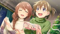 2girls :d ^_^ akasaka_miyuki akasaka_yukie braid brown_hair christmas christmas_ornaments christmas_tree closed_eyes curtains dutch_angle game_cg green_sweater happy highres higurashi_no_naku_koro_ni higurashi_no_naku_koro_ni_mei holding holding_unworn_clothes holding_unworn_scarf indoors long_sleeves looking_ahead looking_at_another mother_and_daughter multiple_girls non-web_source official_art one_side_up open_mouth purple_eyes scarf short_hair smile sweater turtleneck turtleneck_sweater unworn_scarf upper_body white_sweater