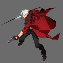 1boy absurdres black_pants coat dante_(devil_may_cry) devil_may_cry_(netflix) devil_may_cry_(series) fingerless_gloves gloves grey_background gun handgun highres holding holding_gun holding_sword holding_weapon il_kwang_kim male_focus official_art pants rebellion_(sword) red_coat simple_background sword weapon white_hair