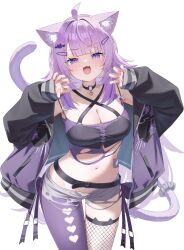 1girl absurdres ahoge ai_(u_e_o_o) animal_ear_fluff animal_ears belt black_belt blunt_bangs breasts camisole cat_ears cat_girl cat_tail choker claw_pose cleavage clothing_cutout cowboy_shot criss-cross_halter fishnet_thighhighs fishnets halterneck hands_up heart_cutout highres hololive jacket large_breasts long_hair long_sleeves looking_at_viewer midriff navel nekomata_okayu nekomata_okayu_(personya_respect) o-ring o-ring_choker official_alternate_costume official_alternate_hair_length official_alternate_hairstyle open_clothes open_fly open_jacket open_mouth purple_eyes purple_hair purple_jacket short_shorts shorts simple_background single_leg_pantyhose solo tail thighhighs torn_camisole torn_clothes torn_shorts virtual_youtuber
