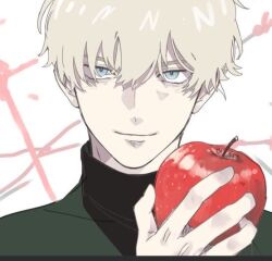 1boy apple black_shirt blonde_hair blue_eyes char_aznable food fruit gundam gundam_gquuuuuux holding holding_food holding_fruit looking_at_viewer male_focus nimo_(monimonicandy) portrait shirouzu_(gundam) shirt short_hair smile solo turtleneck