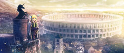 2girls blonde_hair boots brown_footwear cayna_(leadale_no_daichi_nite) city cloak cloud colosseum day fairy hairband highres knee_boots leadale_no_daichi_nite long_sleeves looking_at_viewer medium_hair multiple_girls outdoors scenery sitting smile spire statue tenmaso unicorn