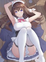 1girl absurdres alternate_costume apron armpits arms_up blue_eyes blue_skirt bow bowtie breasts broom brown_hair commentary_request corset crossed_bangs double-parted_bangs enmaided feet frilled_apron frills hair_between_eyes highres hololive jacket knees_together_feet_apart knees_up large_breasts layered_skirt light_blush long_hair looking_at_viewer lying maid maid_apron maid_headdress on_back on_floor panties panty_peek parted_lips pen pink_bow pink_bowtie sharc skirt sleeveless solo sweatdrop thighhighs tokino_sora trash underwear unworn_jacket virtual_youtuber white_panties white_thighhighs white_wrist_cuffs wooden_floor wrist_cuffs