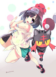 1girl bad_id bad_pixiv_id bag bare_legs beanie black_hair blue_eyes blush cat creatures_(company) floral_print foreshortening full_body game_freak gen_7_pokemon green_shorts handbag hat highres litten nintendo noto_kurumi open_mouth outstretched_arm pokemon pokemon_(creature) pokemon_sm polka_dot polka_dot_background red_hat selene_(pokemon) shirt shoes short_hair short_shorts short_sleeves shorts sneakers swept_bangs t-shirt throwing throwing_poke_ball tied_shirt twitter_username z-ring