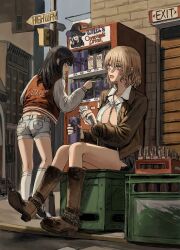 2girls absurdres bare_legs black_eyes black_footwear black_hair black_skirt blonde_hair boots bottle breasts brick_wall brown_footwear brown_jacket building can closed_mouth cola collared_shirt commentary converse cross day denim denim_shirt denim_shorts drink english_commentary english_text exit_sign full_body gold_can hand_up hat highres holding holding_can jacket jersey juice_box large_breasts long_hair long_sleeves medium_hair miniskirt multiple_girls open_clothes open_jacket open_mouth original outdoors pointing profile red_shirt shirt shoes shorts sideboob sidewalk sign sitting skirt sky socks standing traffic_light vending_machine white_sleeves white_socks witch witch_hat yellow_eyes zipper