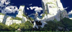 blue_sky cloud cloudy_sky day dust_girl grass hat highres holding holding_staff long_sleeves mountainous_horizon original scenery shadow sky staff sunlight tree witch_hat