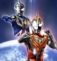 Rule 34 | 2boys, alien, armor, atmospheric layer, black skin, blue gemstone, blue skin, blurry, blurry background, breastplate, clenched hand, color timer, colored skin, commentary, compound eyes, cropped torso, dorsal fin, earth (planet), fighting stance, forehead jewel, gem, glowing, glowing eyes, gold trim, hands up, hanejidyna86, highres, looking ahead, looking at viewer, male focus, multicolored skin, multiple boys, outstretched arm, pectorals, planet, red skin, shoulder armor, silver skin, silver trim, space, tokusatsu, toned, toned male, twitter username, ultra series, ultraman agul, ultraman gaia, ultraman gaia (series), upper body, white eyes, wrinkled skin