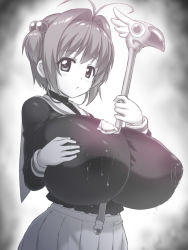 1990s_(style) 1girl antenna_hair between_breasts black_shirt blush breasts brown_hair cardcaptor_sakura cleavage female_focus fuuin_no_tsue hair_between_eyes hair_bobbles hair_intakes hair_ornament holding holding_wand huge_breasts kinomoto_sakura long_sleeves looking_at_viewer magical_girl neckerchief open_mouth oppai_loli otoo_(izanagi) pleated_skirt retro_artstyle sailor_collar school_uniform serafuku shirt short_hair simple_background skirt solo standing to-gnaniwa tomoeda_elementary_school_uniform wand white_neckerchief white_sailor_collar