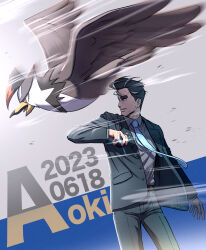 1boy absurdres bird black_eyes black_hair black_jacket black_pants black_suit character_name commentary_request dated formal_clothes gen_4_pokemon grey_hair highres holding holding_tera_orb jacket larry_(pokemon) male_focus multicolored_hair nintendo pants pokemon pokemon_(creature) pokemon_sv pompadour staraptor streaked_hair suit suma3695 sweat tera_orb thick_eyebrows twitter_username two-tone_hair