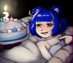 1girl 1other ahoge animal_ear_fluff animal_ears anniversary arm_at_side bags_under_eyes bare_shoulders bear_ears bear_girl bed birthday_cake blue_hair blunt_bangs blunt_ends blunt_sidelocks bob_cut cake camisole candle candlelight center-flap_bangs chromatic_aberration claws collarbone commentary confused dark double-parted_bangs english_commentary extra_ears eyebrows_hidden_by_hair fang fire flat_chest food from_side go!_go!_gris! gris_(go!_go!_gris!) hair_flaps hair_intakes half-closed_eyes hand_up heavy_chromatic_aberration highres holding holding_tray icing limmy_waking_up_(meme) long_eyelashes looking_at_another looking_at_food looking_at_object looking_to_the_side meme messy_hair narrowed_eyes number_candle omega_haunter on_bed open_mouth out_of_frame peanut_mouth pillow pink_eyes pointing pointing_at_object raised_eyebrows red_eyes short_hair sidelocks sleepy solo_focus squinting thick_eyelashes tray turning_head under_covers upper_body waking_up white_camisole