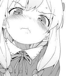 1girl angry blush bow bowtie eromanga_sensei greyscale hair_bow izumi_sagiri kuromoto-kun_(rina_masimaro) long_hair looking_at_viewer monochrome simple_background solo white_background