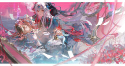 2girls absurdres animal animal_on_hand bead_necklace beads bell black_veil blue_gemstone breasts broken_mirror brown_hair bug butterfly butterfly_on_hand chinese_clothes chinese_text closed_eyes closed_mouth coin colored_eyelashes commission dress dtt89211435 earrings eyelashes fingernails flower gem hair_between_eyes hair_ornament highres holding holding_bell holding_smoking_pipe insect jewelry long_hair long_sleeves looking_at_viewer medium_breasts mirror multiple_girls necklace original parted_lips pink_butterfly red_butterfly red_eyes red_flower red_ribbon ribbon sidelocks smoke smoking_pipe snake spider_lily talisman veil very_long_hair watermark weibo_watermark white_dress white_hair white_snake