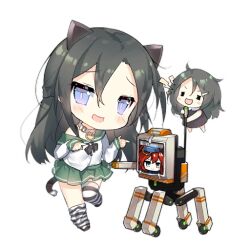 2girls 6p62_(girls&#039;_frontline) :d =_= animal_ears black_bow black_bowtie black_bra black_hair black_shoes black_thighhighs blue_eyes blush blush_stickers bow bowtie bra bra_strap brown_dress cat_ears cat_tail chibi collar double_finger_gun dress fairy_(girls&#039;_frontline) finger_gun full_body girls&#039;_frontline green_sailor_collar green_skirt hair_between_eyes hair_ornament hairclip long_hair long_sleeves looking_at_viewer loose_thighhigh multiple_girls non-humanoid_robot off_shoulder official_art open_mouth photo_(object) pleated_skirt radio_antenna robot sailor_collar saru school_uniform shirt shoes shouting simple_background skirt slit_pupils smile smiley_face standing standing_on_one_leg striped_clothes striped_thighhighs tail tape taunt_fairy_(girls&#039;_frontline) thighhighs third-party_source training_drone_(girls&#039;_frontline) transparent_background underwear unkempt wheel white_collar white_shirt white_thighhighs