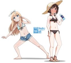 Rule 34 | 2girls, bikini, black bikini, black hair, blonde hair, blue eyes, blue shorts, bottle, brown eyes, cutoffs, denim, denim shorts, front-tie bikini top, front-tie top, full body, funami yui, grin, hat, highres, ki (adotadot), long hair, low twintails, multiple girls, open fly, sandals, shorts, side-tie bikini bottom, simple background, smile, standing, sun hat, swimsuit, toshinou kyouko, twintails, white background, white bikini, yuruyuri