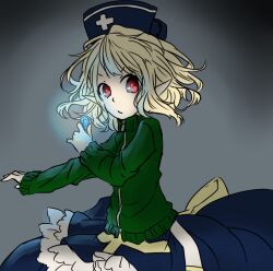 Rule 34 | 1girl, arch bishop (ragnarok online), blonde hair, blue dress, blue hat, closed mouth, commentary request, cowboy shot, cross, dress, green jacket, grey background, hat, jacket, long sleeves, looking at viewer, meiko (nattu303), nurse cap, ragnarok online, red eyes, short hair, solo, track jacket, v-shaped eyebrows