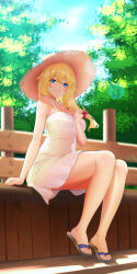 Rule 34 | 1girl, armpit crease, bare legs, bare shoulders, blonde hair, blue eyes, blue sky, blurry, blurry background, blush, braid, breasts, cleavage, collarbone, double-parted bangs, dress, feet, flip-flops, full body, girls&#039; frontline, girls&#039; frontline 2: exilium, hair between eyes, hand up, hat, highres, legs, lens flare, long hair, looking at viewer, low-tied long hair, medium breasts, mosin-nagant (girls&#039; frontline), mosin-nagant (girls&#039; frontline 2), outdoors, samsam s2s, sandals, sidelocks, sitting, sky, sleeveless, sleeveless dress, smile, solo, straw hat, sun hat, sundress, toenails, toes, white dress