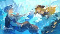 Rule 34 | 2girls, artist name, bare shoulders, black dress, black gloves, black jacket, black skirt, blonde hair, blue gemstone, blue vest, caustics, closed eyes, commission, d dh0514, detached sleeves, dress, floating hair, gem, genshin impact, gloves, hat, high-low dress, highres, jacket, jewelry, leisurely otter (genshin impact), long hair, long skirt, mini hat, multiple girls, navia (genshin impact), original, shirt, signature, skirt, underwater, vest, white shirt
