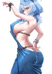 1girl absurdres ako_(blue_archive) ako_(dress)_(blue_archive) ass backless_dress backless_outfit bare_back blue_archive blue_dress blue_eyes blue_halo blush bracelet breasts butt_crack closed_mouth commentary dress earrings fingernails hair_between_eyes halo highres jewelry large_breasts lips looking_at_viewer medium_hair mikelee0614 nail_polish official_alternate_costume red_nails simple_background single_handcuff solo sweatdrop white_background
