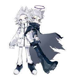 Rule 34 | 2boys, ac warlock, aotsuki eito, black boots, black pants, black shoes, boots, cape, covered mouth, drawstring, dual persona, eyeliner, full body, geta, glasses, gloves, grey hair, halo, highres, jacket, last defense academy school uniform, locked arms, looking at viewer, makeup, male focus, multiple boys, official alternate hairstyle, pants, pocket, purple eyes, purple halo, red eyeliner, school uniform, shoes, short hair, sleeves past fingers, sleeves past wrists, spoilers, the hundred line -last defense academy-, thigh strap, transparent background, white jacket, white pants
