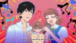... 1boy 2girls ^_^ bad_singing bare_arms bead_necklace beads black_hair blue_dress blue_outline blunt_bangs bow brown_hair buttons check_copyright chinese_commentary closed_eyes collarbone collared_shirt commentary_request copyright_request cup disposable_cup dress emphasis_lines hair_between_eyes hair_bow happy highres holding holding_cup holding_microphone interlocked_fingers jewelry light_blush long_sleeves looking_ahead messy_hair microphone multiple_girls music musical_note neck_ribbon necklace open_mouth original outline own_hands_together parted_lips pinafore_dress pink_bow pink_outline puffy_short_sleeves puffy_sleeves red_background ribbon s-sullivan shaded_face shirt short_hair short_sleeves singing sleeveless sleeveless_dress smile swept_bangs teeth three-quarter_sleeves triangle_mouth upper_teeth_only wavy_hair white_outline white_shirt yellow_ribbon yellow_shirt