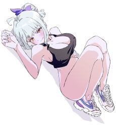 absurdres breasts commentary_request grey_hair highres large_breasts lying mole mugi0913 on_back original partial_commentary shoes simple_background smile sneakers tagme thighs white_background yellow_eyes