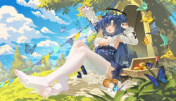 1girl absurdres alternate_costume arm_up blue_archive blue_hair blue_sky breasts bug butterfly camping cat cleavage cloud cloudy_sky feet food fruit halo hand_up heiyizhushenxia highres insect large_breasts legs long_hair long_sleeves looking_at_viewer no_shoes one_eye_closed open_mouth outdoors sitting skirt sky solo stretching thighhighs toes white_thighhighs yawning yuuka_(blue_archive)
