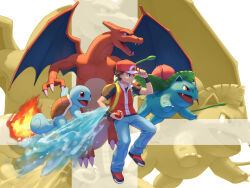 1boy blue_pants brown_hair charizard claws fangs fire game_freak gen_1_pokemon highres holding holding_poke_ball ivysaur jacket male_focus nintendo pants plant poke_ball poke_ball_(basic) pokemon pokemon_(creature) pokemon_frlg red_(pokemon) red_eyes red_jacket short_hair squirtle starter_pokemon_trio stup-jam super_smash_bros. vines water yellow_bag