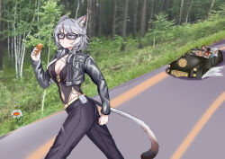 2boys 2girls absurdres animal_ear_fluff animal_ears black_hat black_jacket black_pants breasts brown_hair car cat_ears cat_tail chinese_commentary cipher_(honkai:_star_rail) cleavage commentary_request cropped_jacket flower grey_hair hand_up hat herta_(honkai:_star_rail) highres holding honkai:_star_rail honkai_(series) jacket large_breasts long_sleeves marvel motor_vehicle multiple_boys multiple_girls outdoors pants photo_background pom-pom_(honkai:_star_rail) quicksilver_(cosplay) shicheng sunday_(honkai:_star_rail) sunglasses tail the_herta_(honkai:_star_rail) uneven_eyes welt_yang white_flower witch_hat x-men x-men:_apocalypse x-men_film_series