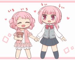 2girls :d alternate_hairstyle bad_id bad_twitter_id black_skirt blunt_bangs blush border bow bowtie braid cardigan_vest chibi closed_eyes collared_shirt dress frills full_body heart holding holding_hands long_sleeves looking_at_another low_ponytail magia_record:_mahou_shoujo_madoka_magica_gaiden mahou_shoujo_madoka_magica multiple_girls open_mouth pink_dress pink_eyes pink_hair pleated_skirt ponytail red_bow red_bowtie reverse_(bluefencer) school_uniform shirt short_hair short_sleeves siblings sidelocks sisters skirt smile socks standing stuffed_animal stuffed_toy sweater_vest takarazaki_school_uniform tamaki_iroha tamaki_ui tamaki_ui_(hospital_costume) teddy_bear underwear white_background white_shirt