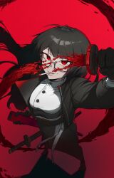 1girl belt black_coat black_gloves black_hair blood blood_sword blurry blurry_foreground bob_cut breasts cigarette coat commentary_request contempt_awe_(e.g.o) e.g.o_(project_moon) foreshortening glasses gloves hemokinesis highres holding holding_sheath holding_sword holding_weapon jeehyung_seo large_breasts limbus_company long_hair long_sleeves looking_at_viewer pants parted_lips project_moon red_background red_eyes ryoshu_(project_moon) sheath sheathed shirt simple_background smile smoking solo standing sword very_long_hair weapon white_shirt