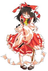 1girl alphes_(style) ascot bandaid black_hair black_shoes bow broken broken_weapon closed_eyes closed_mouth commentary_request crossed_bandaids crying dairi defeat detached_sleeves dress full_body gohei hair_bow hair_tubes hakurei_reimu large_variant_set long_sleeves parody pigeon-toed red_bow red_dress shoes solo style_parody tachi-e tears torn_clothes torn_sleeves touhou transparent_background variant_set weapon wide_sleeves