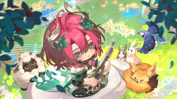 1girl absurdres animal blush chinese_commentary ciaccona_(wuthering_waves) commentary_request dress fox grass green_eyes green_jacket highres instrument jacket looking_at_viewer music on_rock open_mouth outdoors playing_instrument pointy_ears rabbit red_hair sheep sitting smile solo tacet_mark_(wuthering_waves) tree_horns wariza white_dress wuthering_waves yellow_eyes yuden6969