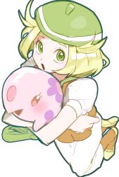 1girl :o artist_name bag bianca_(pokemon) blonde_hair dress gen_5_pokemon green_bag green_eyes green_hat hat highres holding holding_pokemon looking_at_viewer munna nintendo open_mouth orange_pantyhose pantyhose pokemon pokemon_(creature) pokemon_bw ppoppy puffy_short_sleeves puffy_sleeves shoes short_hair short_sleeves shoulder_bag white_background white_dress yellow_shoes