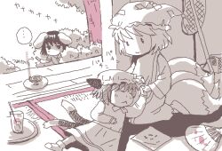 3girls animal_ears animal_hat bush cat_ears cat_girl cat_tail chen closed_eyes closed_mouth commentary_request dress fox_girl fox_tail full_body hand_fan hat inaba_tewi indoors lap_pillow looking_at_another mob_cap mosquito_coil multiple_girls multiple_tails onikobe_rin rabbit_ears rabbit_girl short_hair sleeping smile tail tatami touhou tree two_tails yakumo_ran
