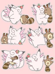 Rule 34 | :3, :d, applin, clefable, closed eyes, full body, gen 1 pokemon, gen 2 pokemon, gen 8 pokemon, h1na3, highres, holding, hug, looking at another, nintendo, no humans, on head, open mouth, pink background, pokemon, pokemon (creature), pokemon focus, pokemon on head, pokemon on horn, sentret, sitting, smile, standing, standing on own tail, tail, wings